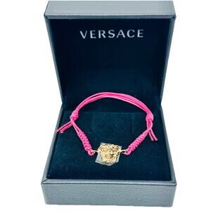 NIB Versace Medusa Head Gold Tone Pink Cord Adjustable Bracelet